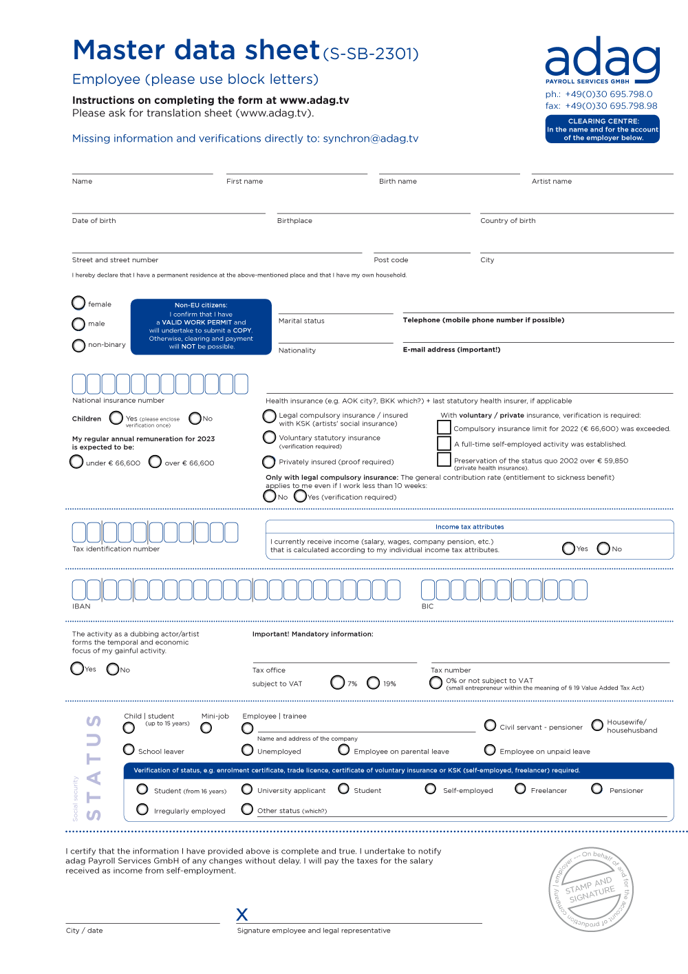 Stammdatenblatt Synchron - Englisch (PDF-Formular)