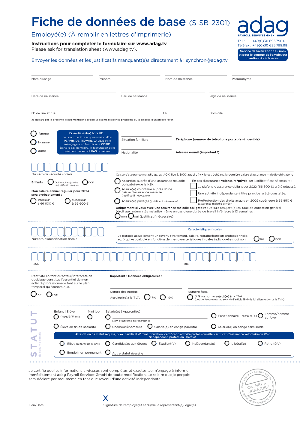 Stammdatenblatt Synchron - Französisch (PDF-Formular)