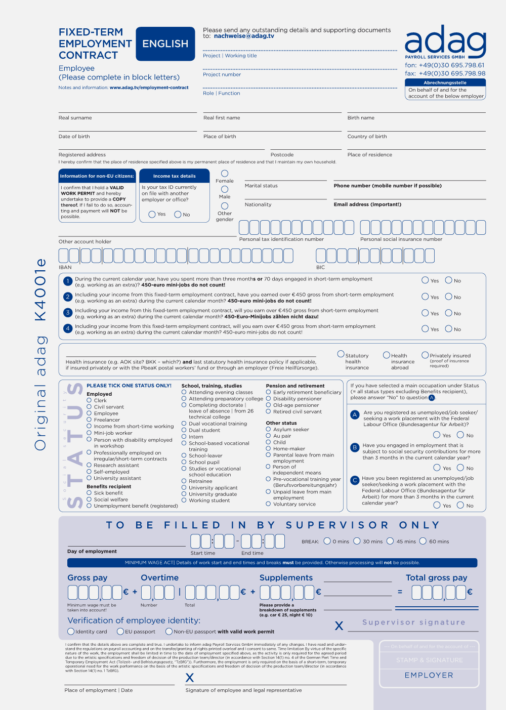 Englischsprachiger Arbeitsvertrag (PDF Formular)